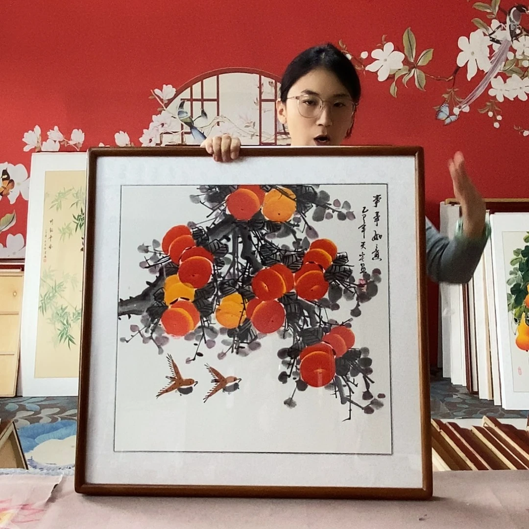 国画手写手绘国画作品带框包邮62✖️62