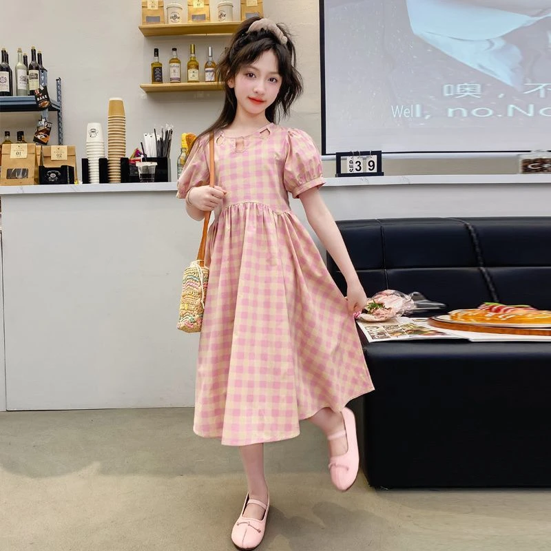 女童连衣裙夏季2025新款儿童泡泡袖棉布裙子小女孩格子公主裙洋气