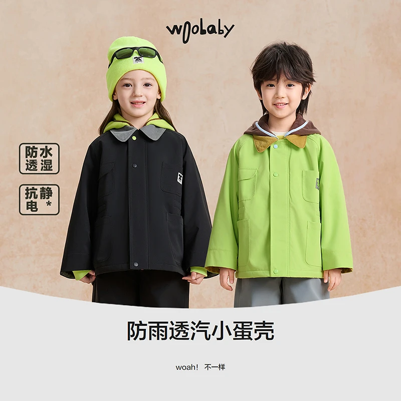 [防水透湿]woobaby儿童25加绒保暖连帽小蛋壳外套撞色巴恩风上衣