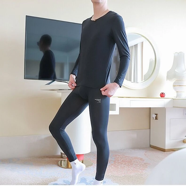 新款男士薄款纯色冰丝面膜打底秋衣秋裤套装男款秋冬