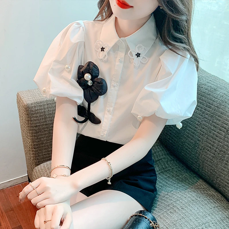 2025夏季新款设计感小众立体花朵轻熟风短袖衬衫女法式泡泡袖上衣