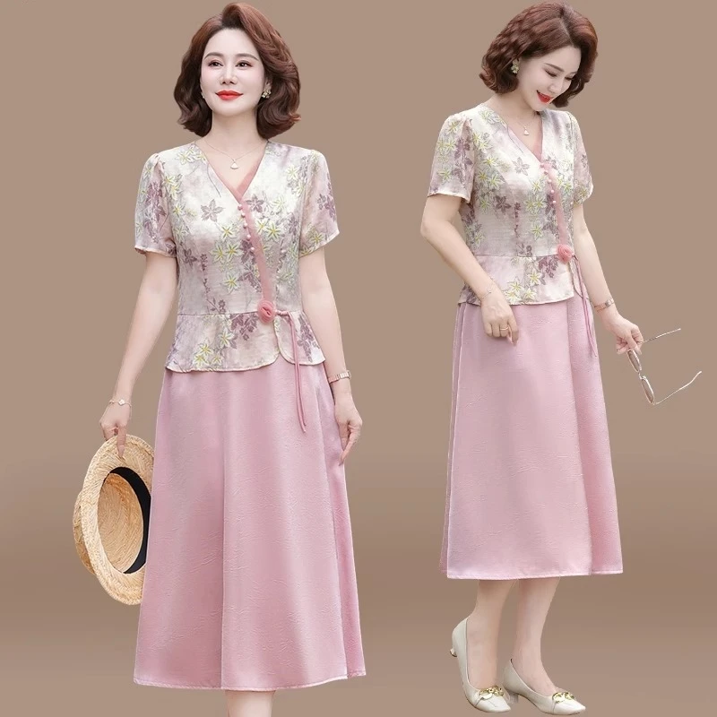 新品推荐妈妈装新中式假两件连衣裙夏季新款中年女短袖提花长裙子