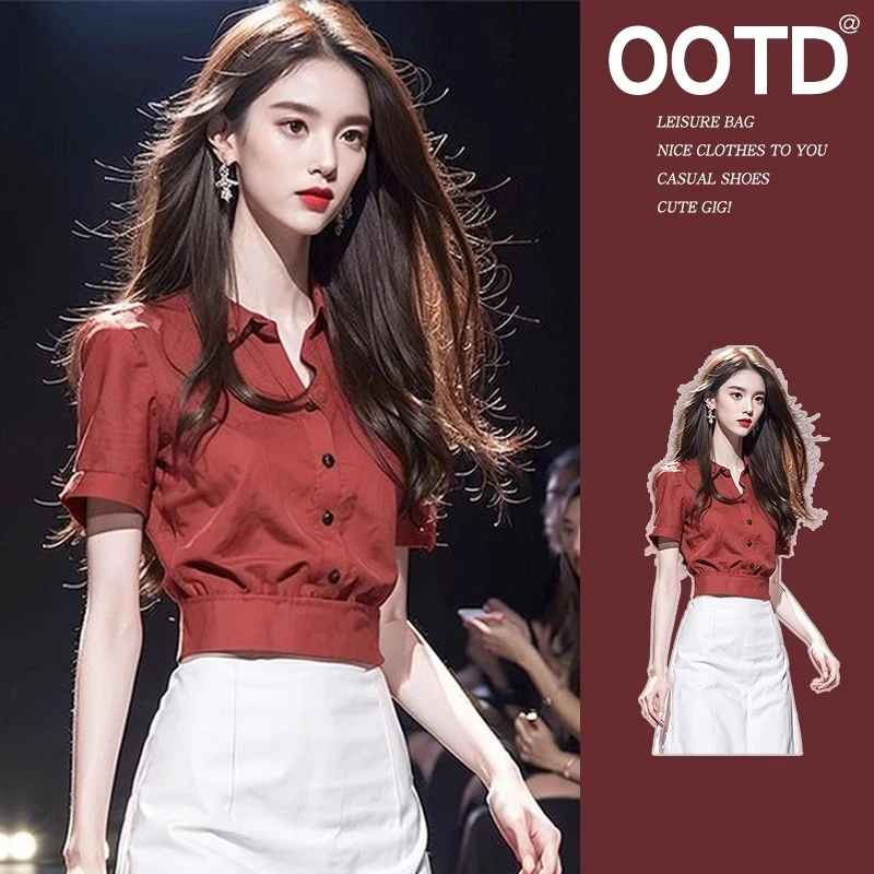 甜辣妹polo领红色短袖衬衫女设计感小众夏季独特别致短款绝美上衣