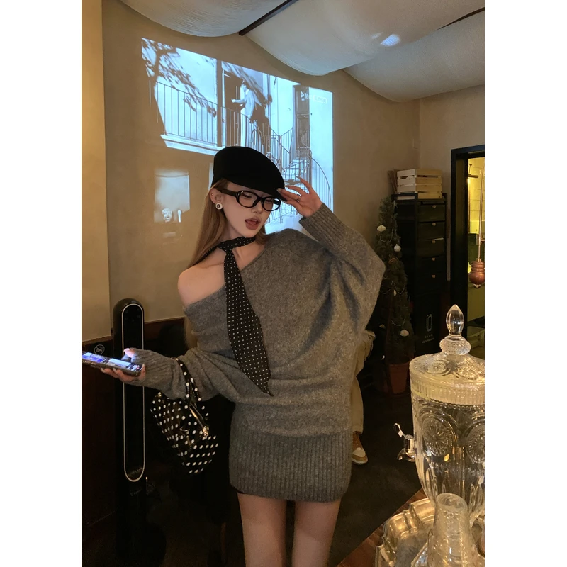 【福利款NO退换】【手洗】斜肩氛围感毛织上衣＋半身裙两件套套装女
