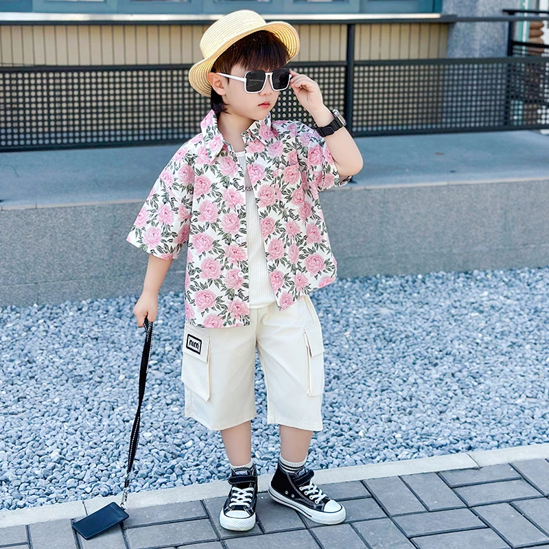 男童夏装套装2025新款港风宝宝海边度假衣服儿童花衬衫两件套夏季