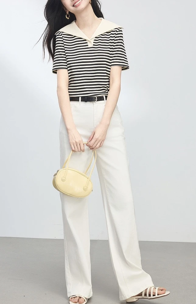 7739夏季新款设计感海军领条纹撞色休闲百搭短袖T恤