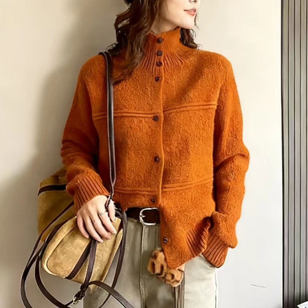 肌理感半高领针织开衫上衣女2025秋冬新款韩系百搭宽松插肩袖毛衣