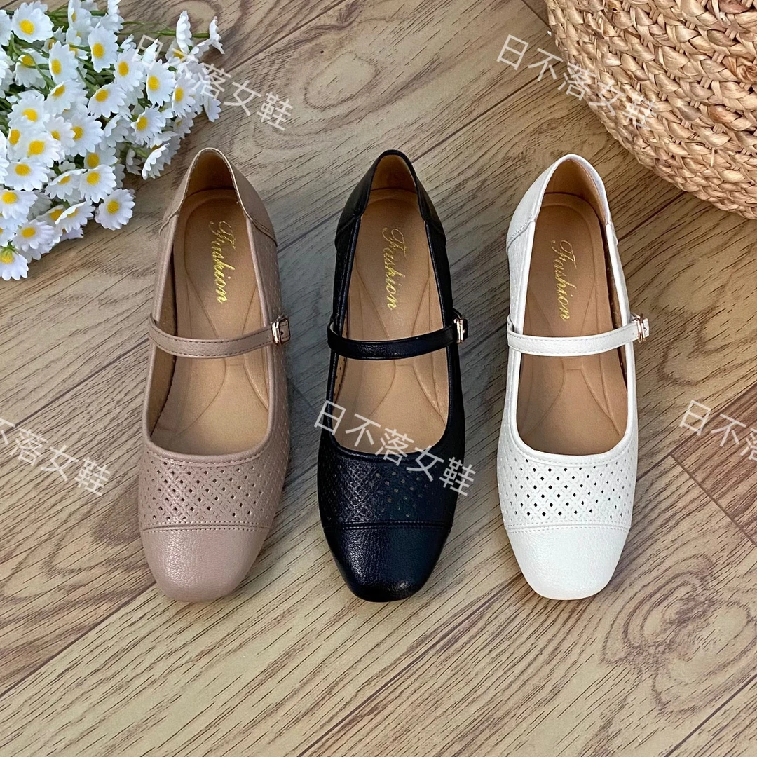 纯色夏季软底高跟防滑镂空单鞋粗跟中跟百搭圆头挂扣凉鞋妈妈凉鞋