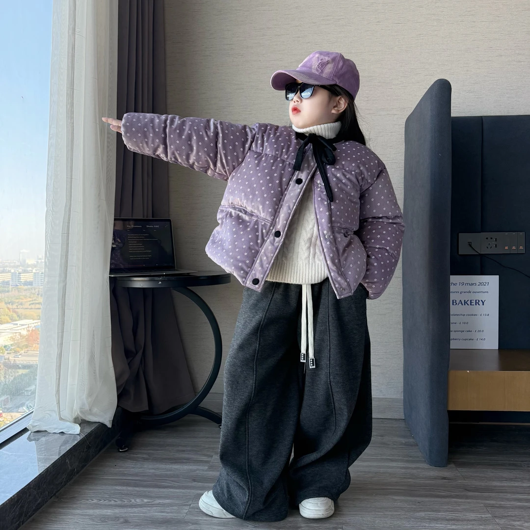 女童冬季韩版灯芯绒加厚棉衣时尚棉服套装女孩加绒阔腿裤两件套潮