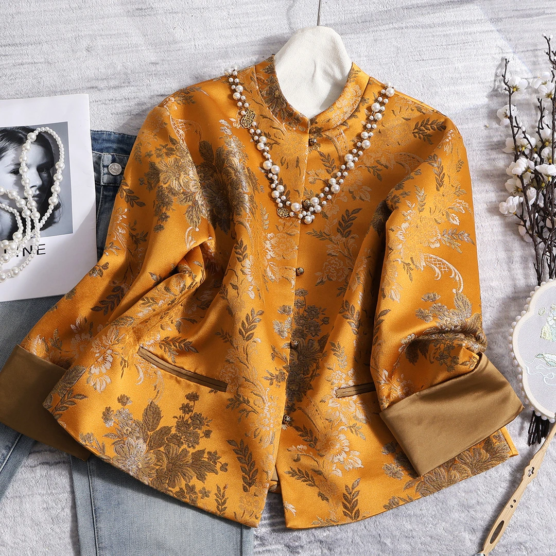 深圳南油金线缎面提花25新款新中式国风上衣立领长袖时尚潮款外套