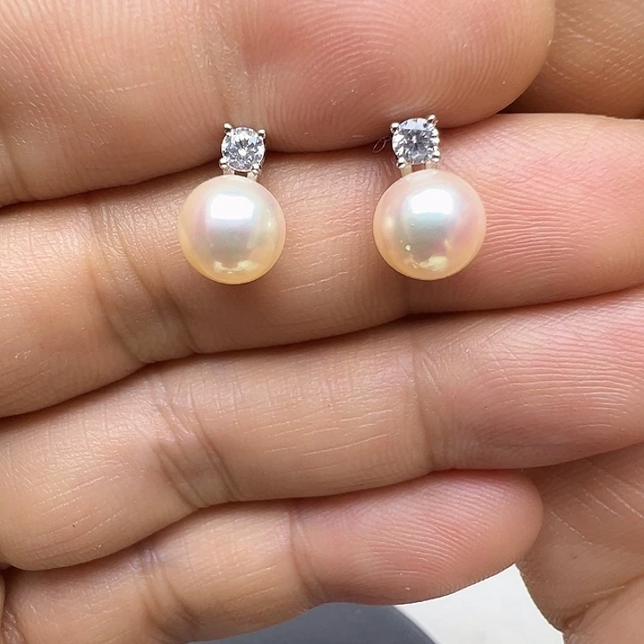 海水珍珠耳饰银S925镶嵌海水akoya珍珠耳饰7-8mm