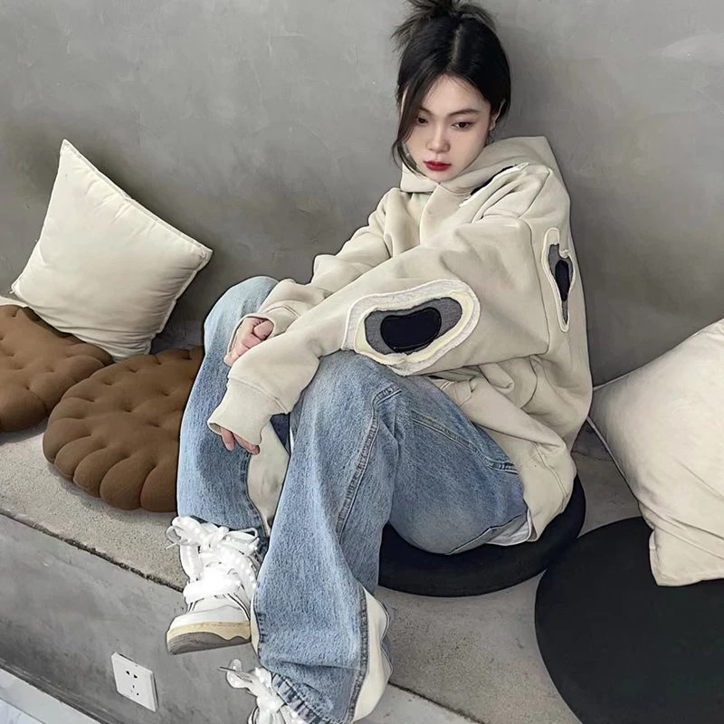 大码300斤刺绣贴布连帽卫衣男女宽松设计感情侣百搭休闲上衣潮