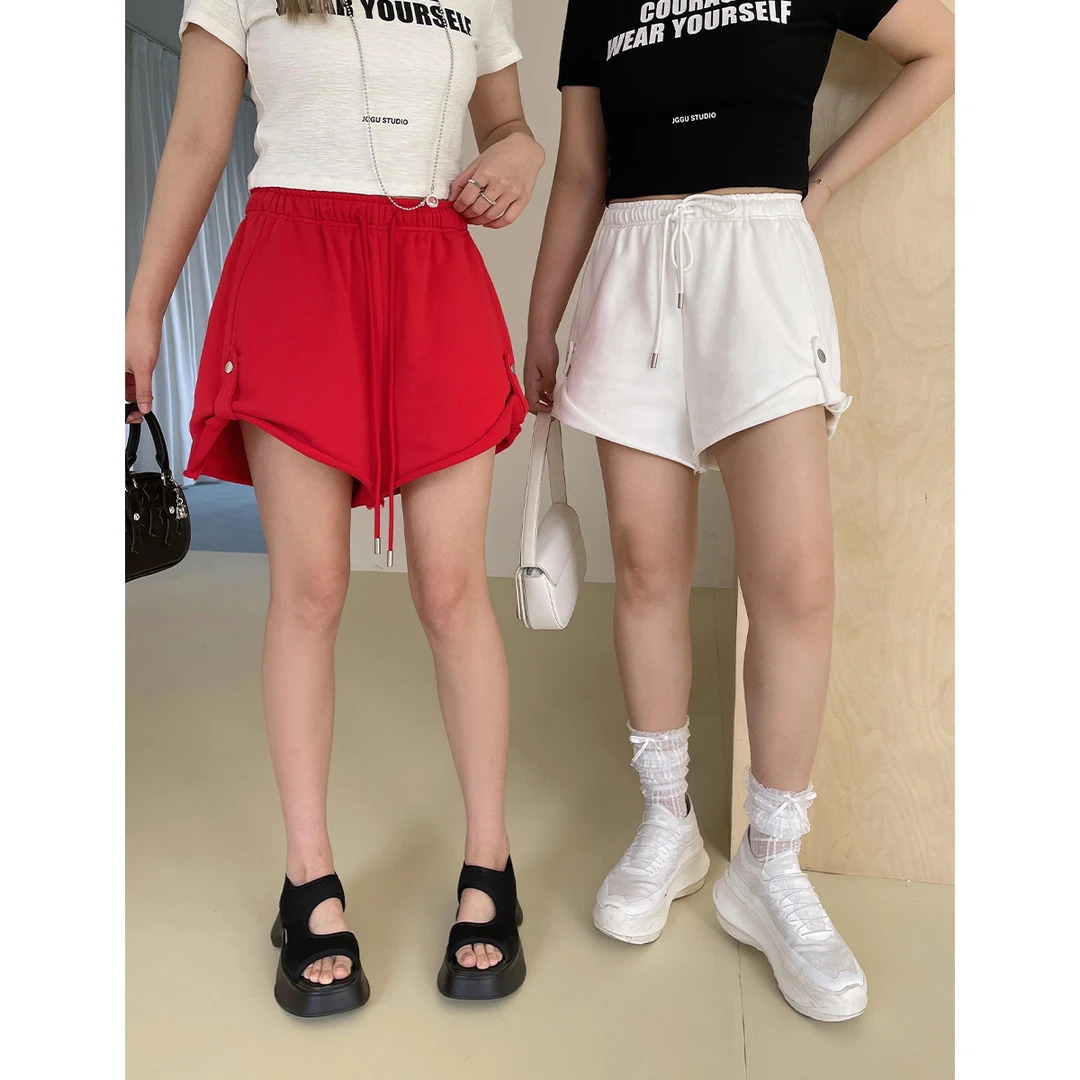 晶咕白标~裤口卷边松紧高腰卫裤运动短裤女夏季大码宽松裤子显瘦