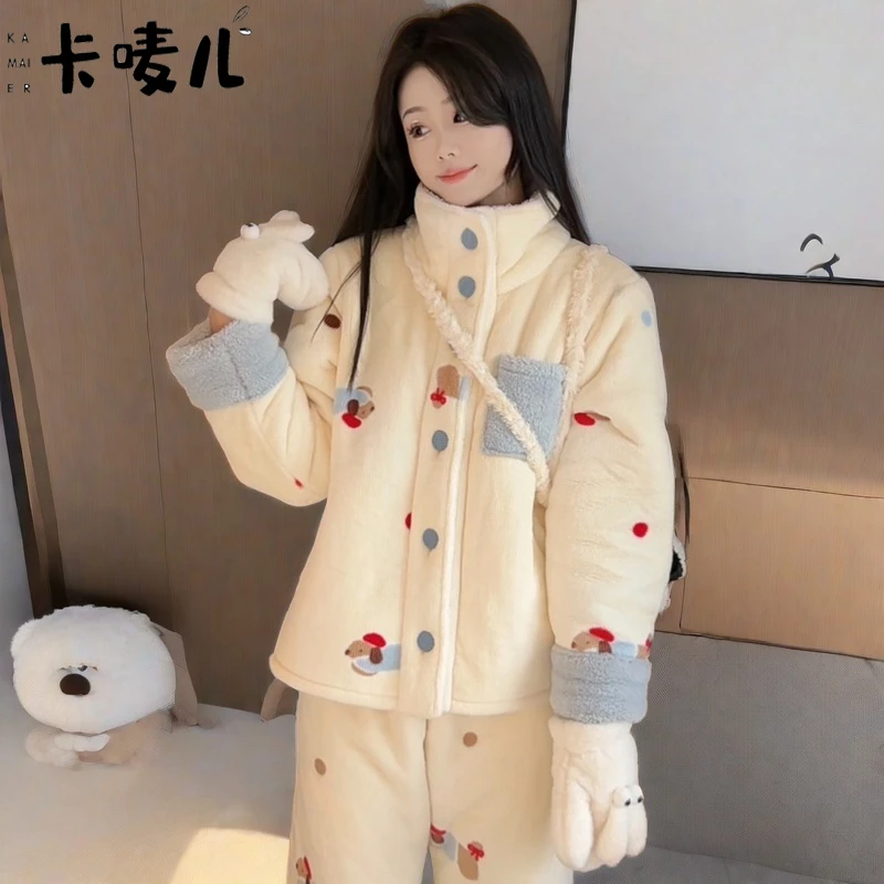 睡衣女冬季女款爆款2024新款翻领加绒加厚小香风居家可外穿家居服