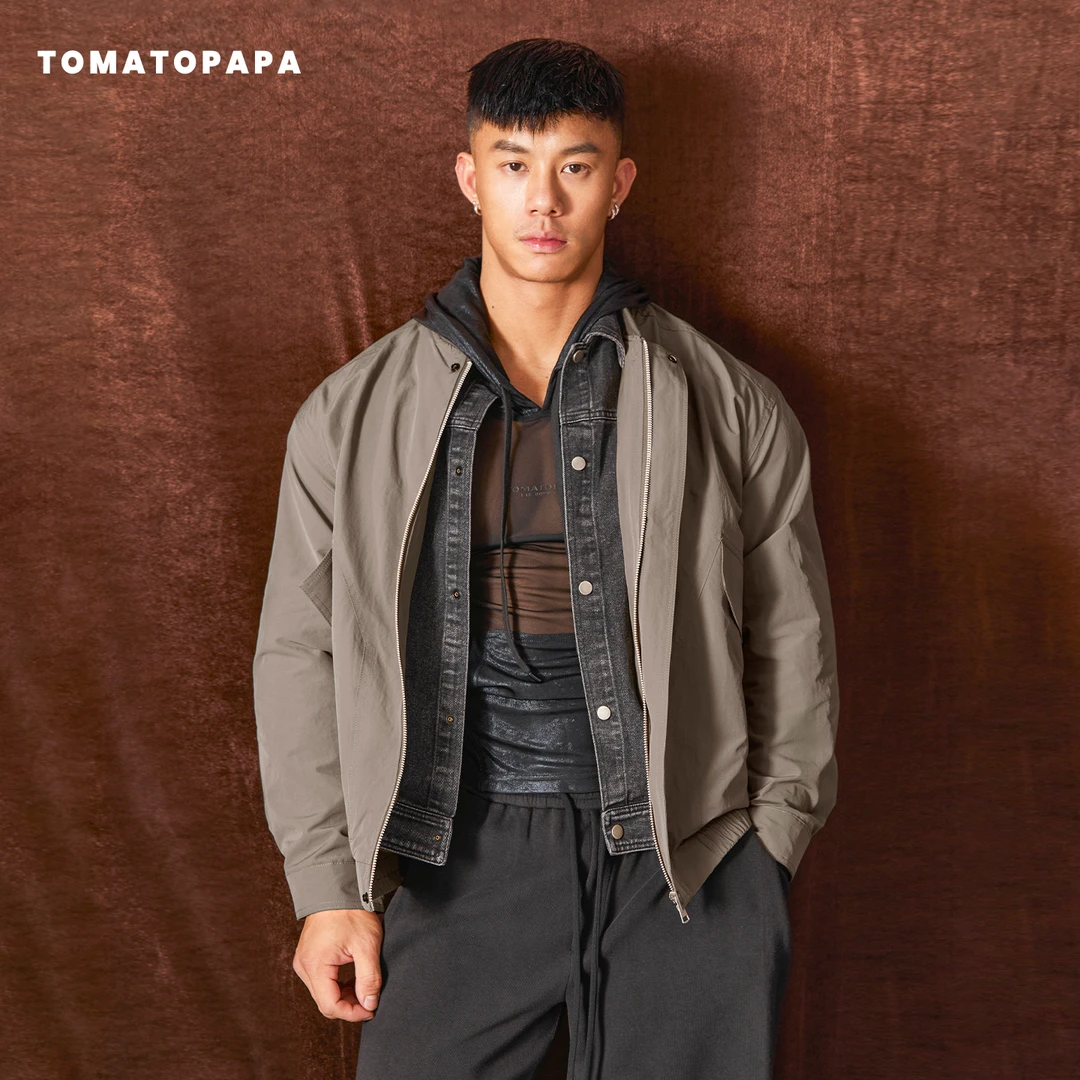 TOMATOPAPA秋冬棒球领夹克拼接假两件翻领水洗牛仔纽扣衫拉链开衫