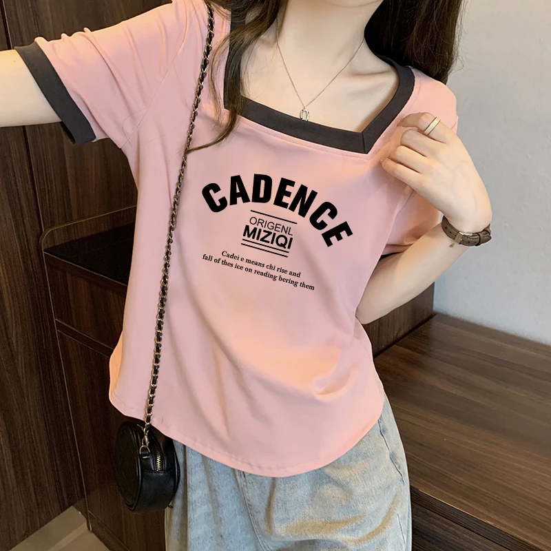 不规则圆弧下摆修身显瘦短袖T恤女士夏季新款设计感撞色方领上衣