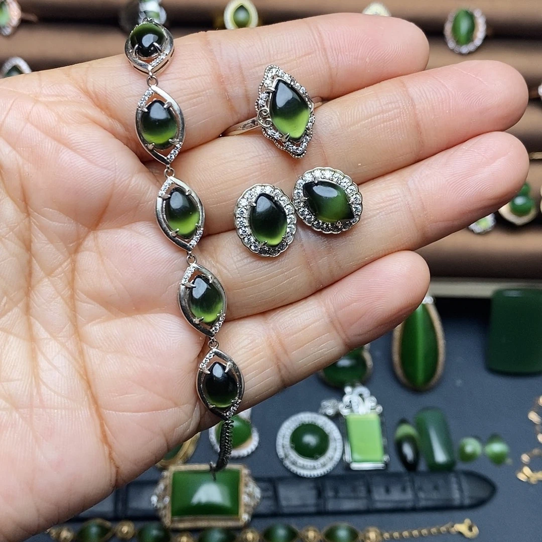 吊坠(不含链)银S925镶嵌和田玉（碧玉）套装