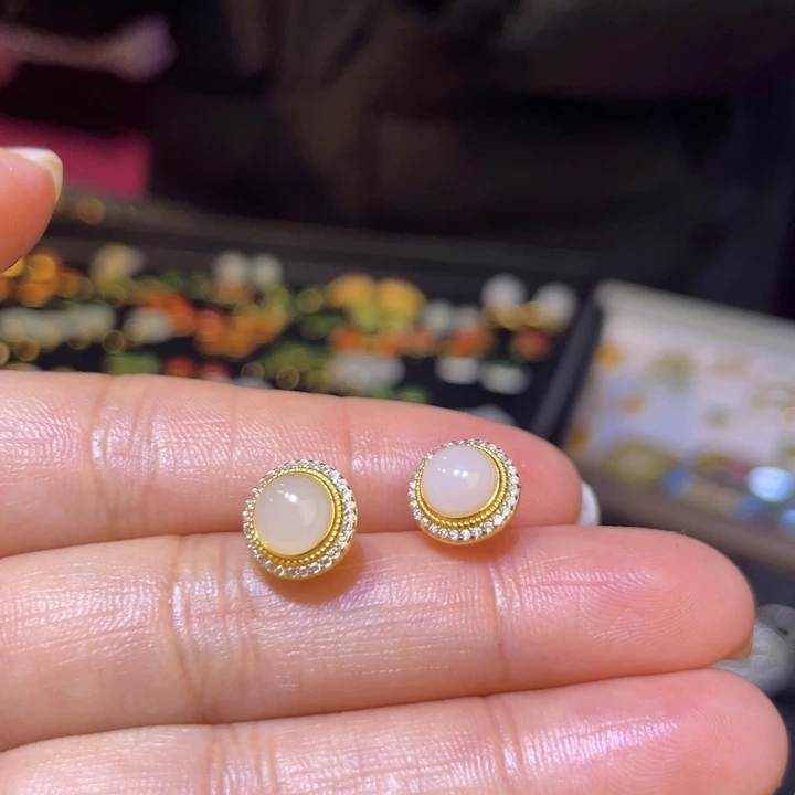和田玉银S925镶嵌耳饰