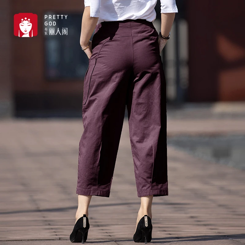 布依丽人阁2025年夏季薄款九分灯笼裤女士高腰宽松显瘦时尚酒红色