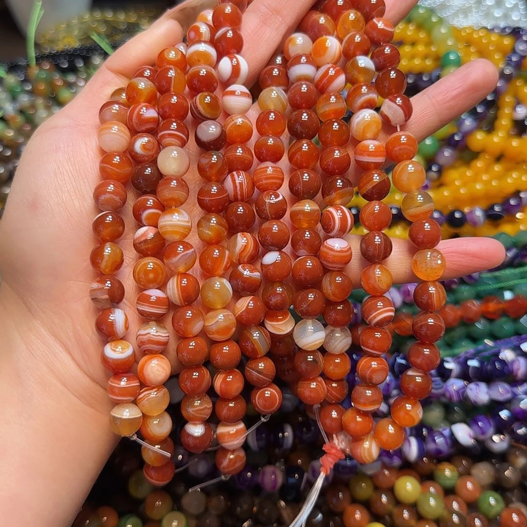 玛瑙/玉髓合金珠宝半成品10mm线条红玛瑙一条