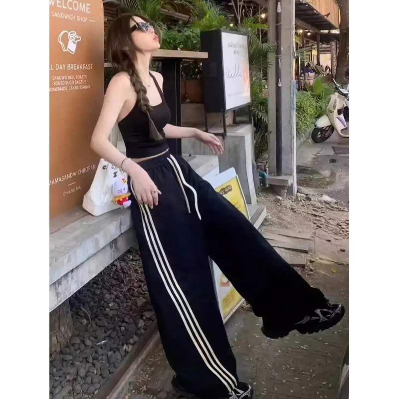 （现货+运费补贴）休闲运动裤春季美式三条杠直筒垂感高腰阔腿裤