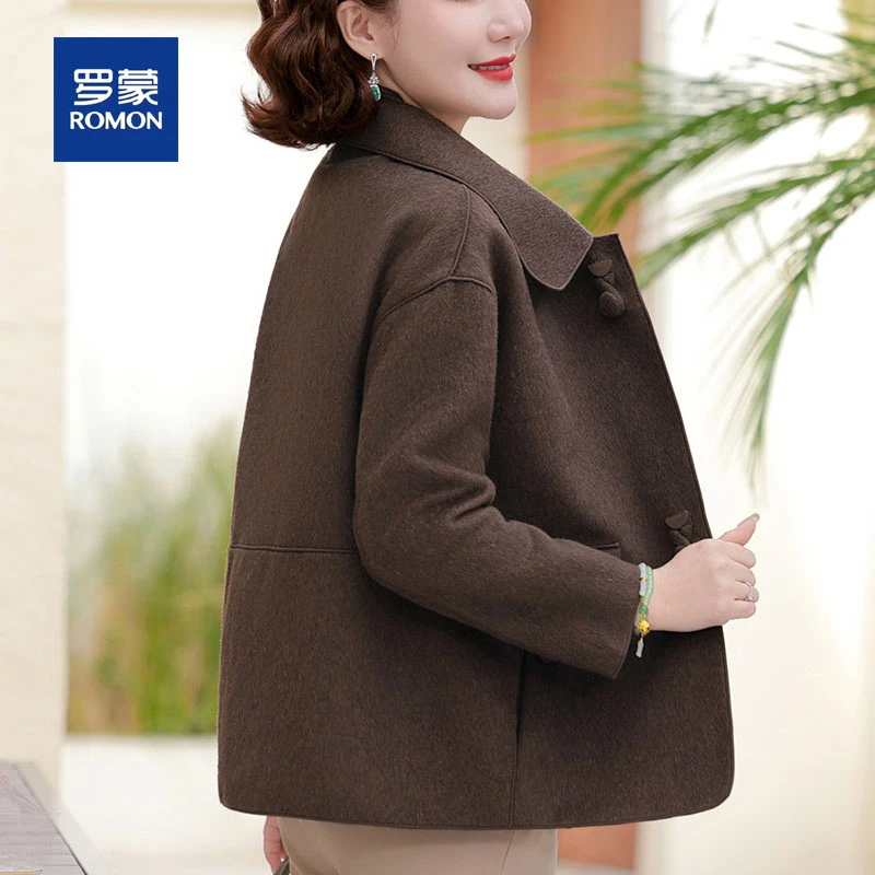 罗蒙气质妈妈春秋装短款毛呢外套女新款时尚韩版双面呢中年上衣