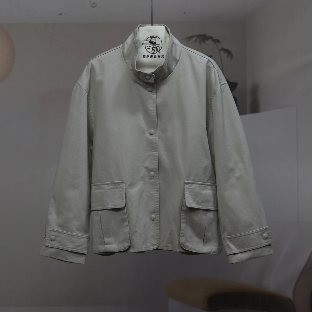 【8695】高品质原创设计米色百搭立领有里立体口袋外套蒽