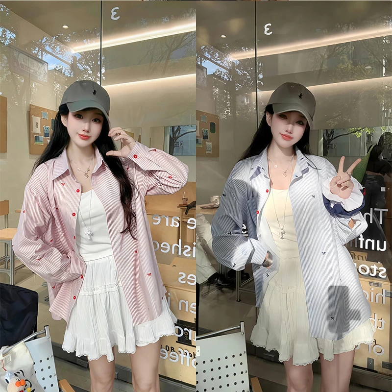 韩系撞色条纹Polo领衬衫女2025秋季小众新款衬衣独特超好看上衣夏