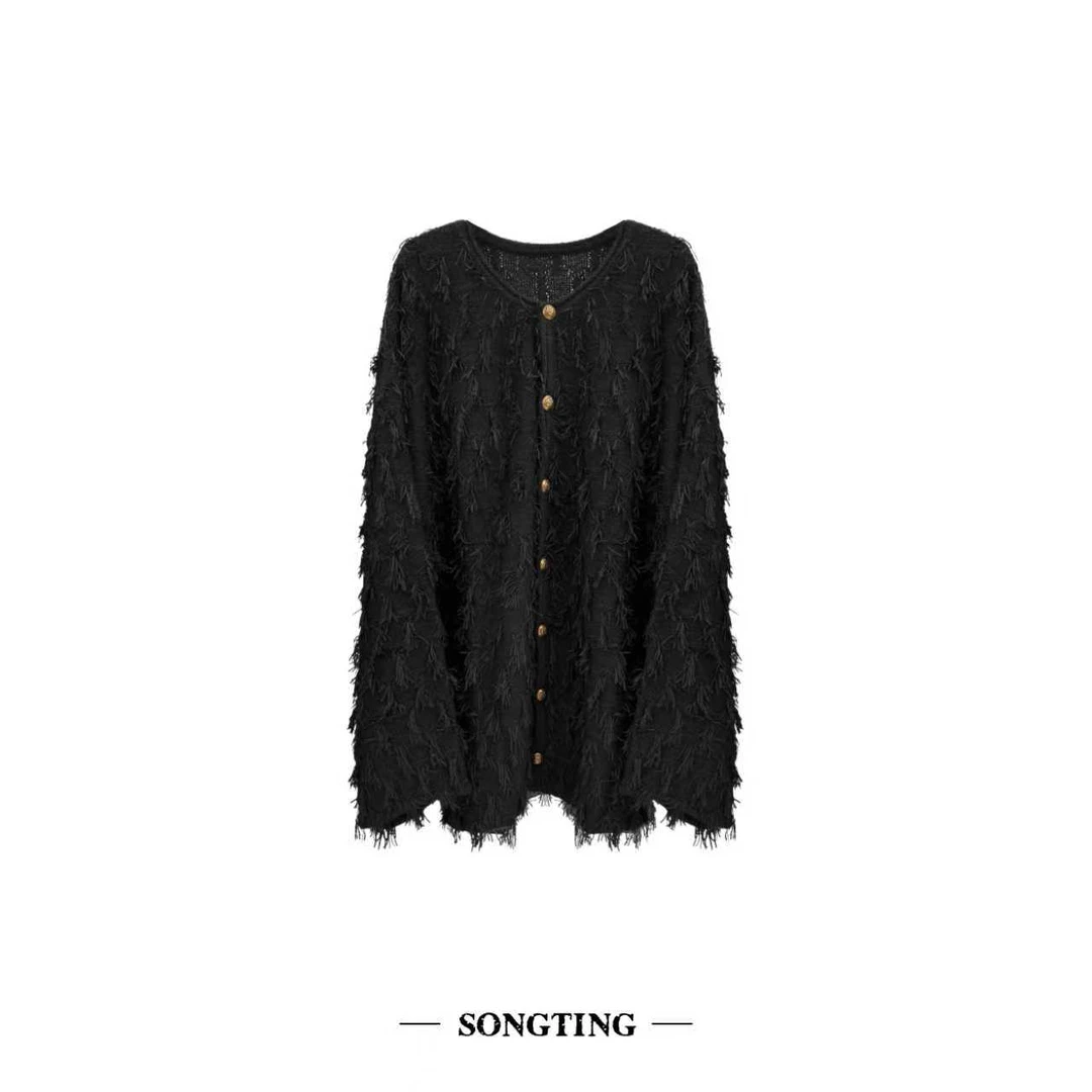 SONG TING｜高级定制系列金属扣慵懒松弛感羊毛流苏开衫