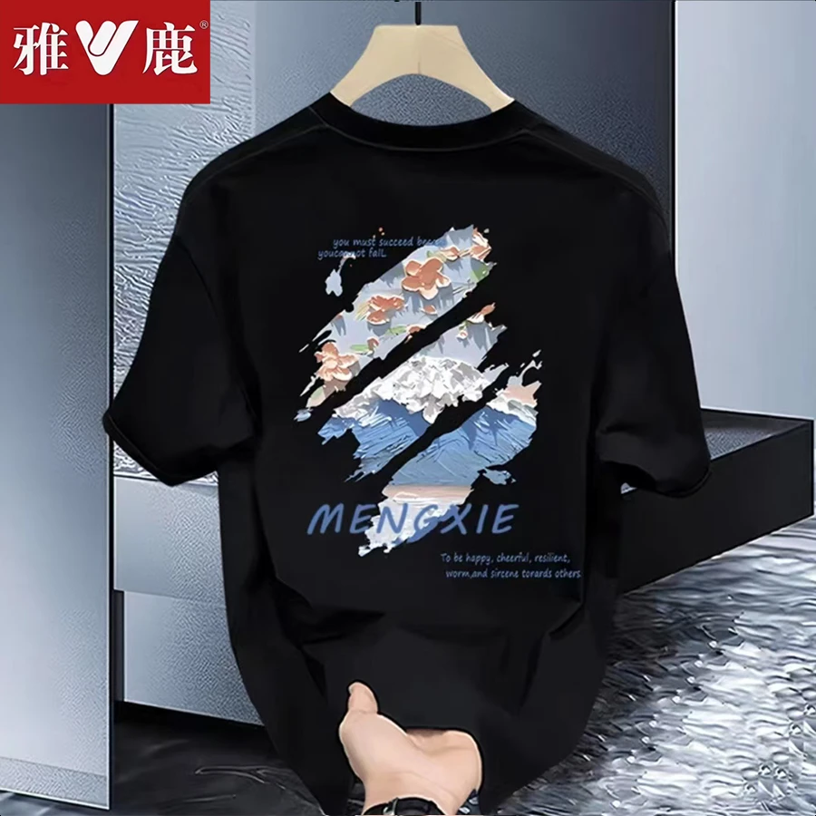 雅鹿圆领民族风花型修身热转印印花韩版夏季休闲T恤情侣时尚百搭