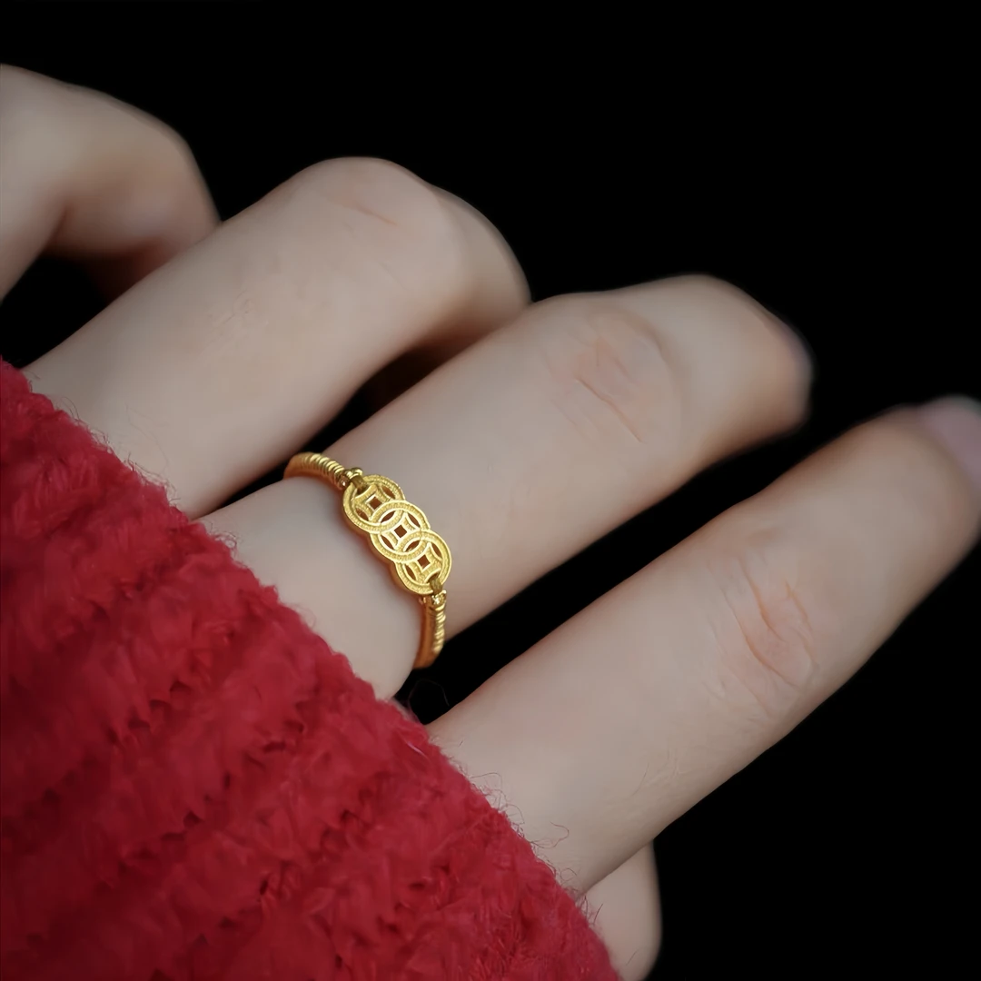 铜合金戒指 金色复古铜钱戒指可调节不掉色有钱在手钱币戒指指环