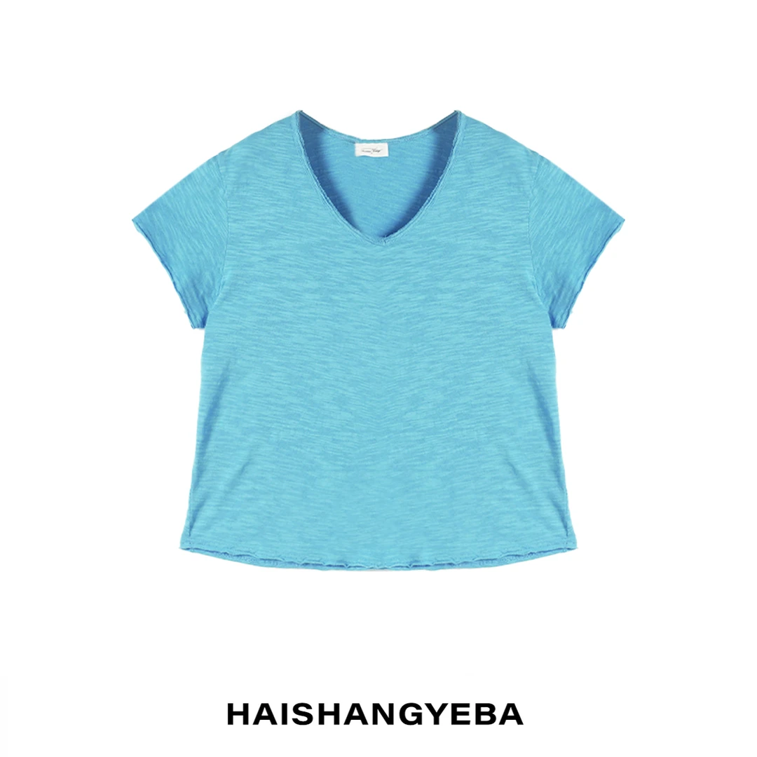 【海上叶爸】新款2025夏季百搭棉V领毛边宽松套头短袖T恤