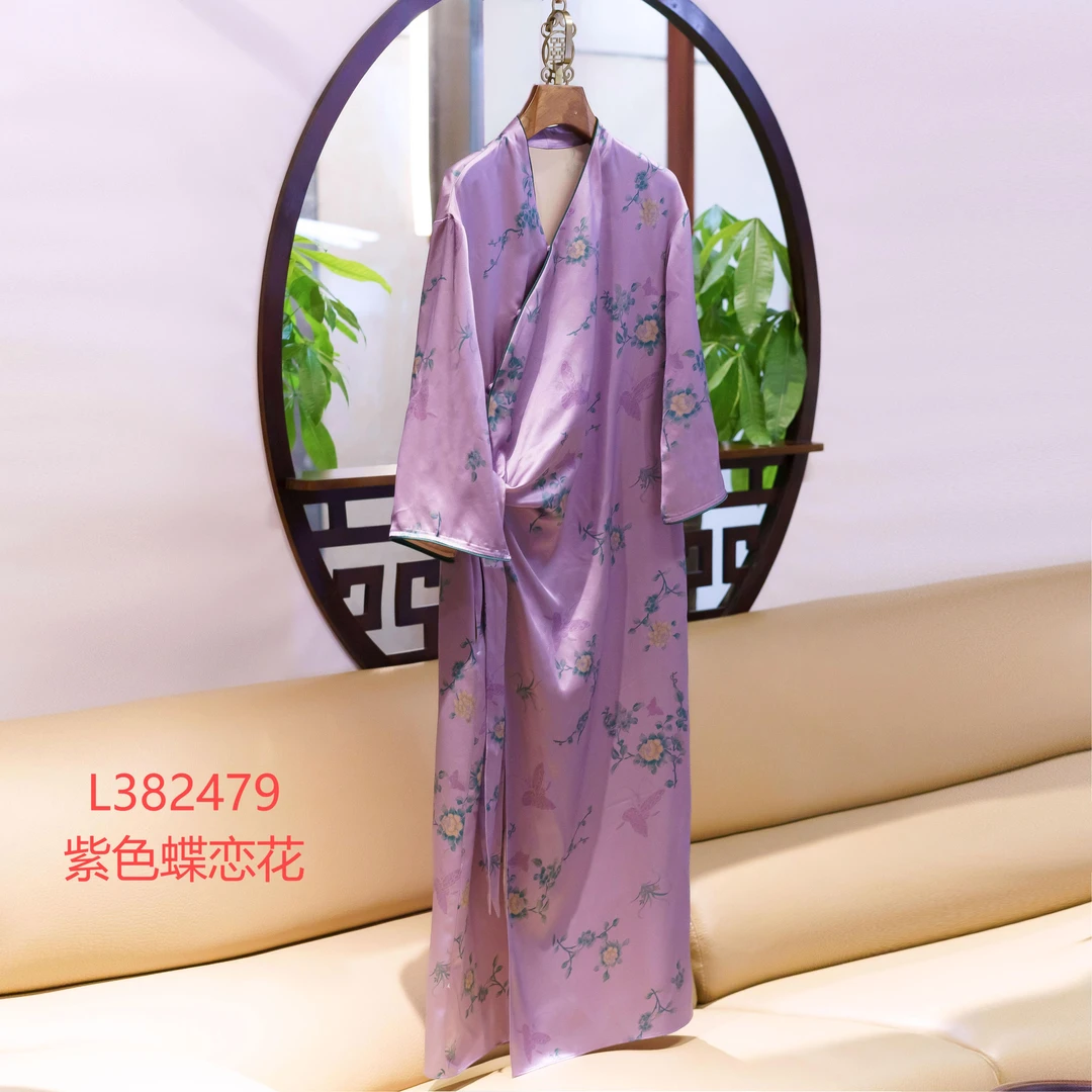 真丝新中式国风桑蚕丝V领斜襟长袖连衣裙L-382479