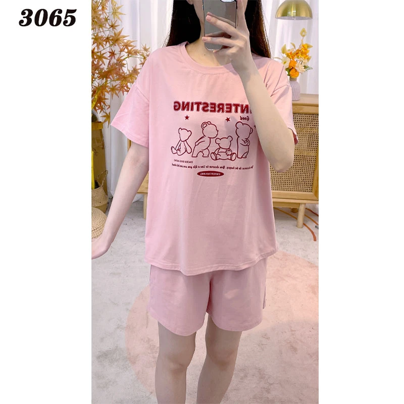 【95棉】女款 拉架棉圆领短袖短裤家居服【粉色】4只熊 -3065-C