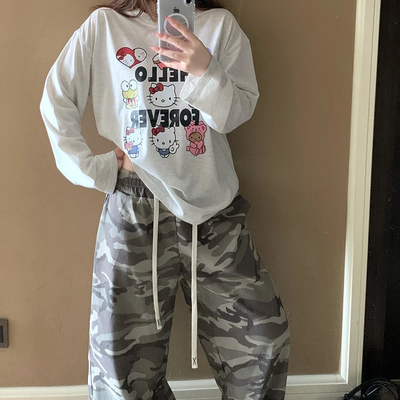 睡衣女春秋季直筒阔腿宽松设计感长袖长裤迷彩休闲美式家居服套装