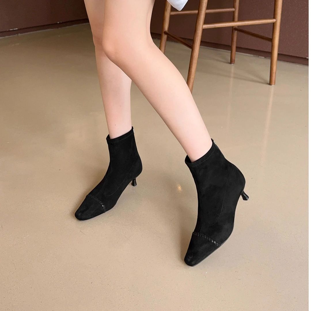 T8065拉链低跟轻职风法式细跟短靴女靴时尚黑色瘦瘦靴