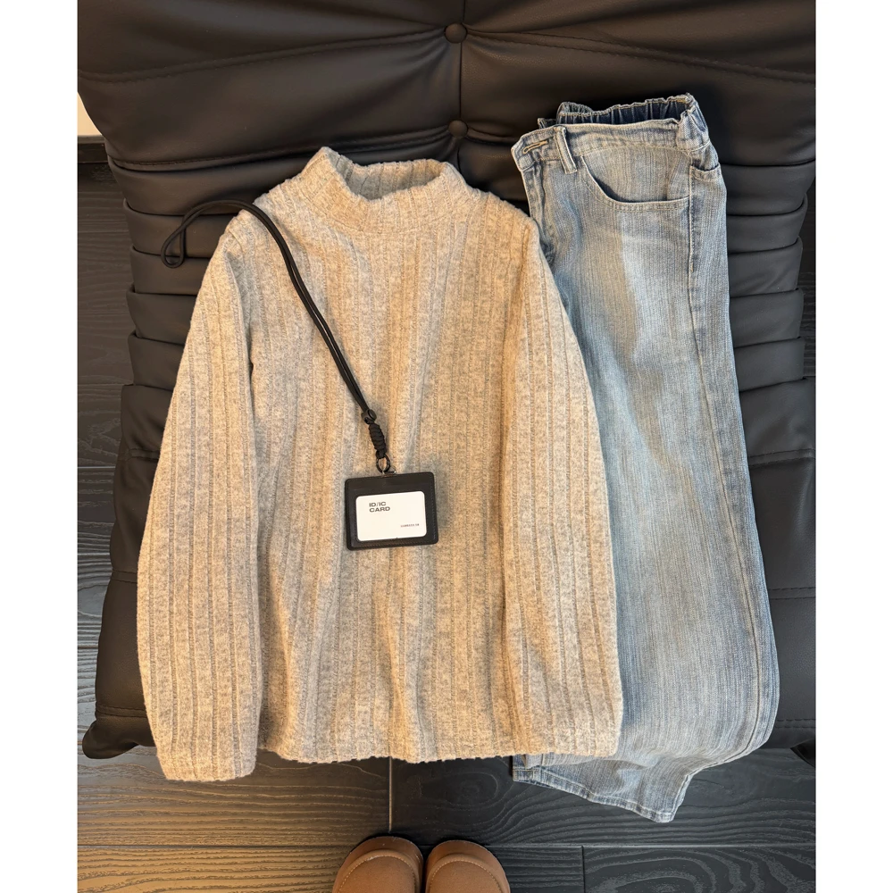 半高领针织长袖T恤男款秋冬季加绒保暖卫衣内搭高级感条纹打底衫