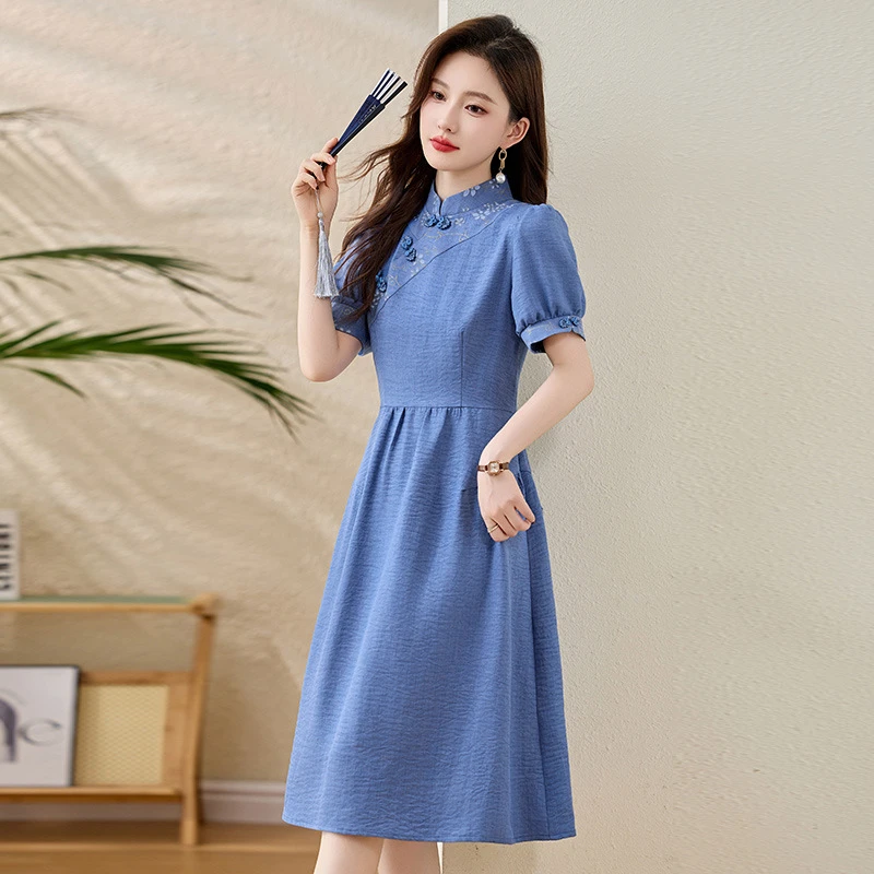新中式国风盘扣立领连衣裙女夏季新款显瘦气质减龄长裙