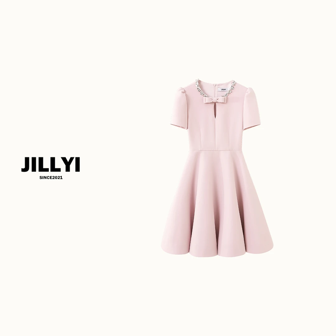 JILLYI珠海店【粉雾玫瑰】玫瑰粉圆领领口手缝钻石工艺心动少女感连