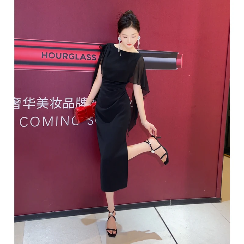 格润雅独特漂亮掐腰连衣裙2025夏季新款设计感拼接显瘦开叉裙子