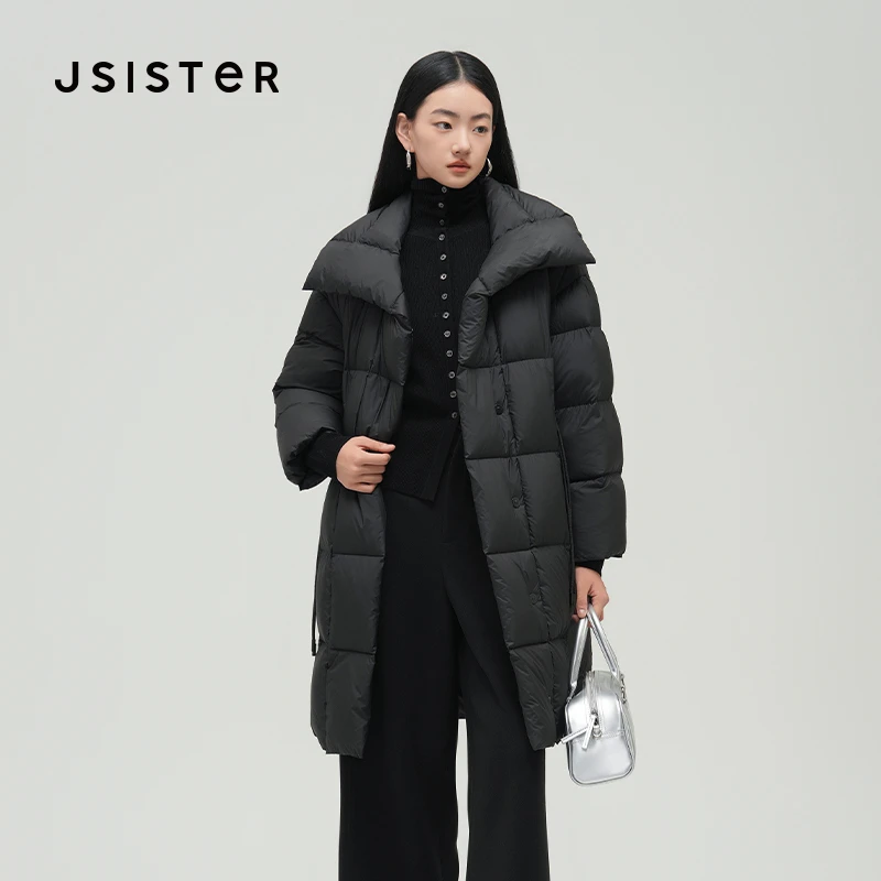 jsister 冬装新款 JS女装时尚黑色长款羽绒服 S442208051