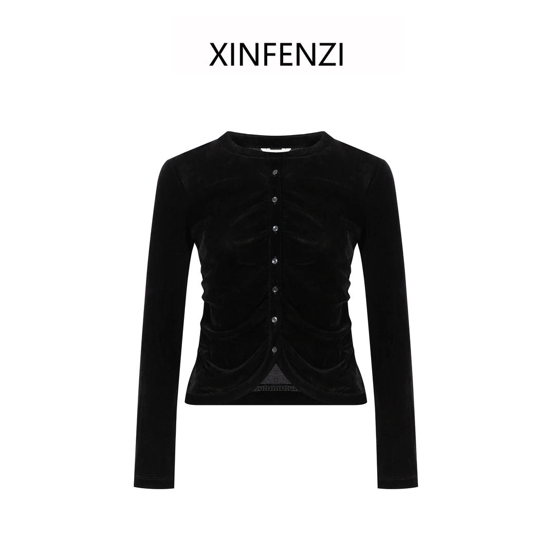 【搭配】XINFENZI 超显瘦抽褶设计圆领小开衫 WS32868