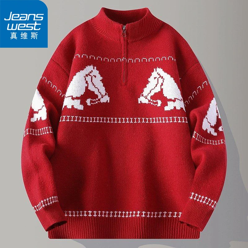 Jeanswest/真维斯秋冬半高拉链领针织毛衣男青少年宽松学生打底衫