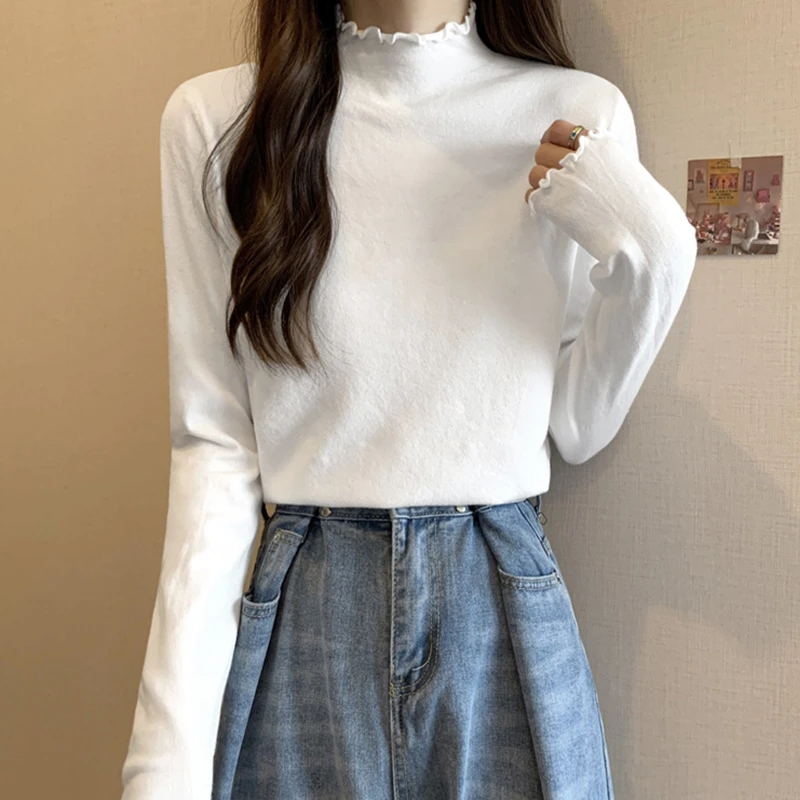 德绒保暖加厚半高领木耳边打底衫女内搭秋冬长袖t恤女上衣