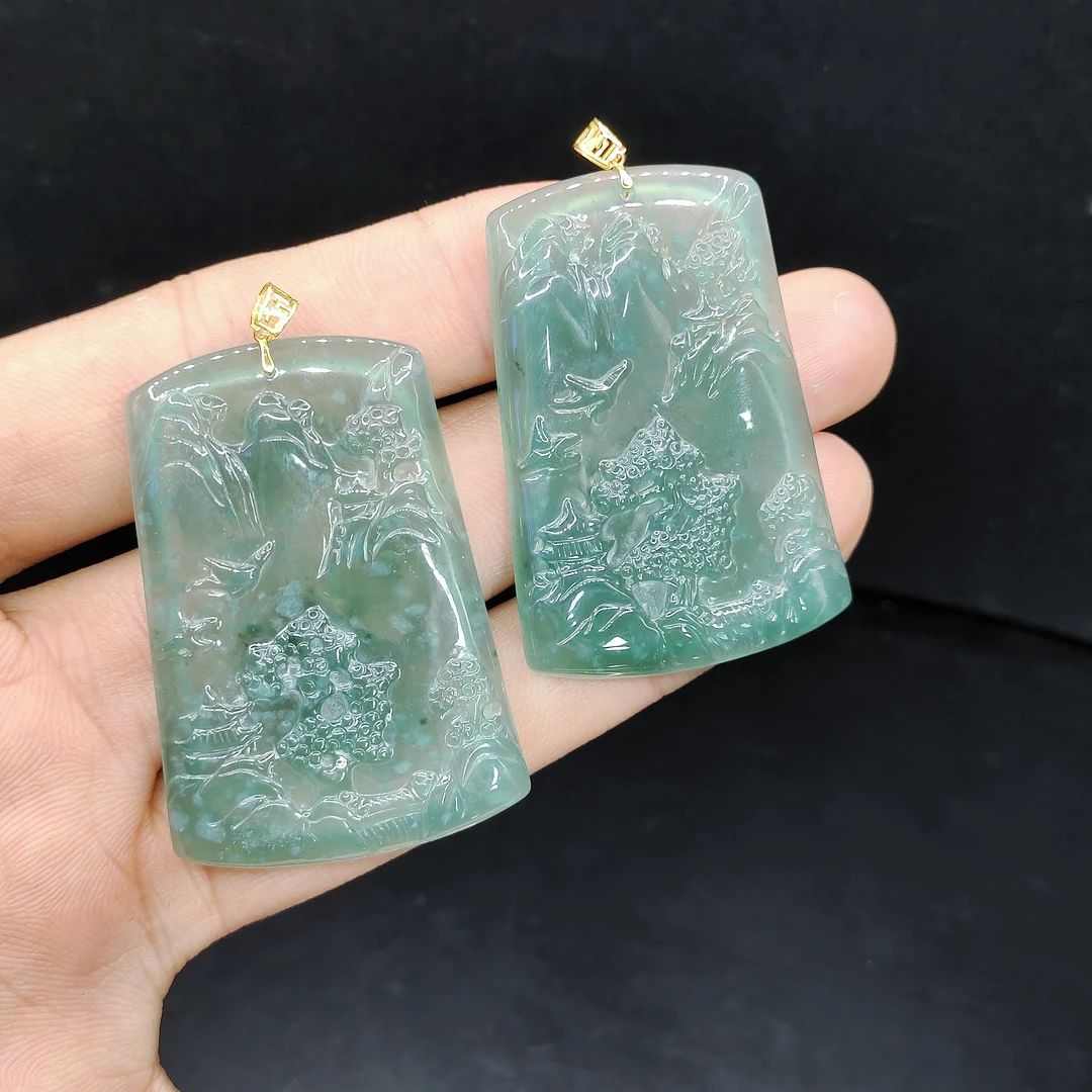 【老三珠宝】18k金翡翠山水牌吊坠赠链【多样性发其一】约45-30-3mm