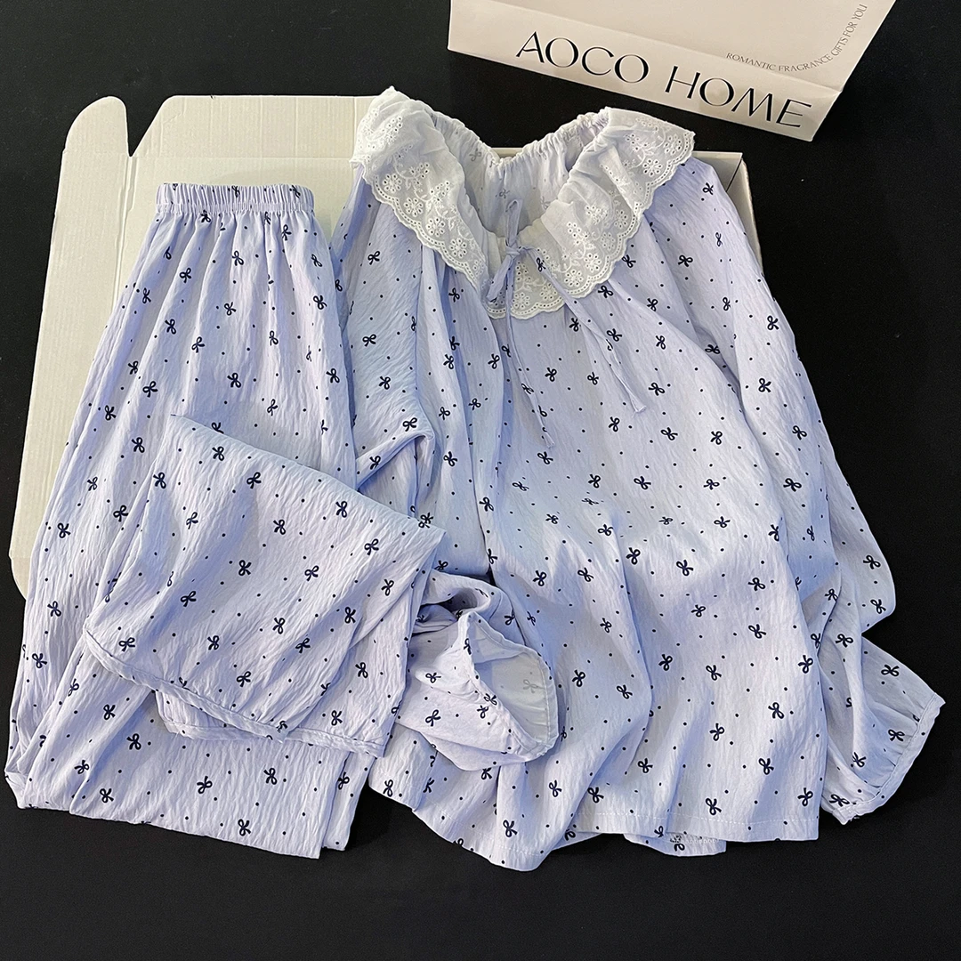 春秋季睡衣女宽松蓝色蝴蝶结公主风圆领秋冬天长袖外穿家居服套装