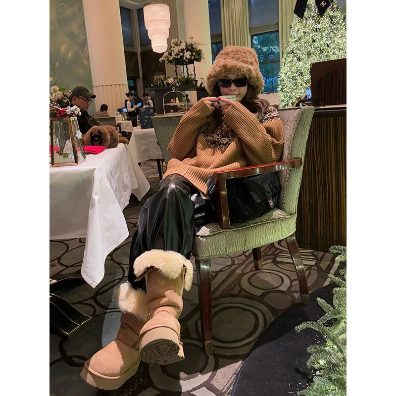 tingtings【纽约街区】松紧腰直筒显瘦pu皮裤女冬薄绒阔腿裤