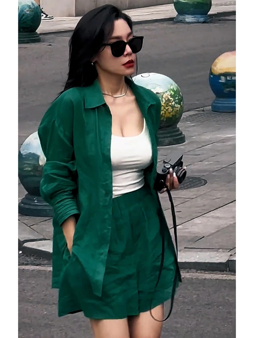 多巴胺穿搭干练气质高级感大方得体老钱风长袖防晒衬衫短裤套装夏