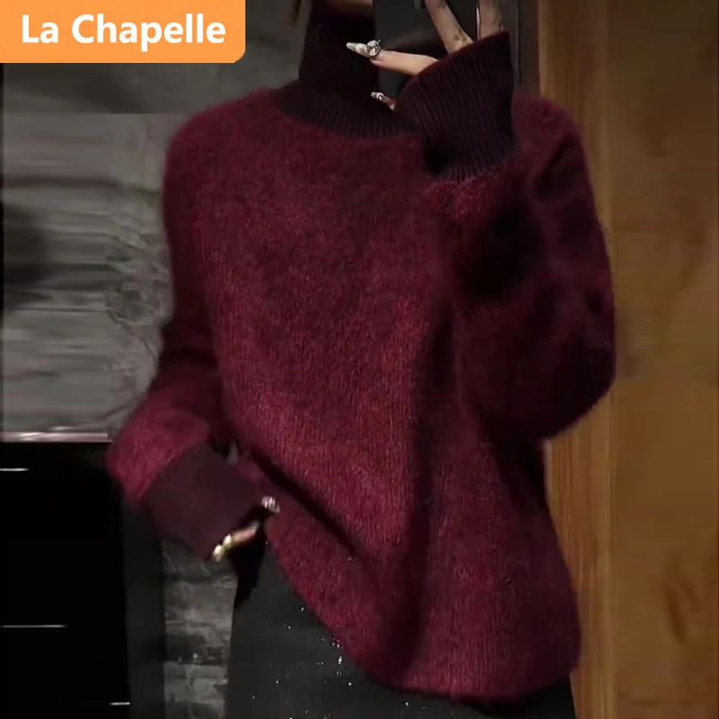 拉夏贝尔慵懒风高领厚款纯色复古毛衣女中长款秋冬时尚宽松针织衫