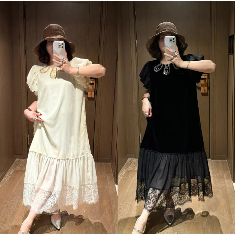 YDFSTUDIO小众【COCO小姐】欧货高品手工钉珠拼接设计真丝连衣裙